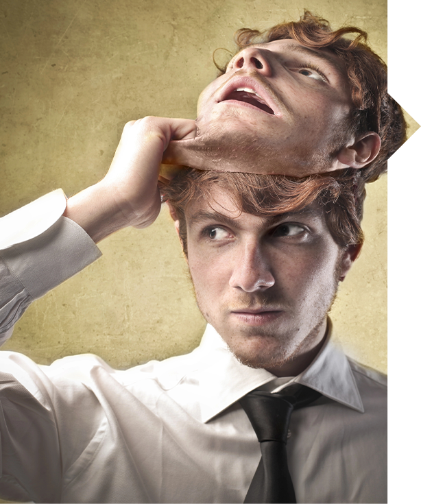 Man in white shirt with tie looking intense